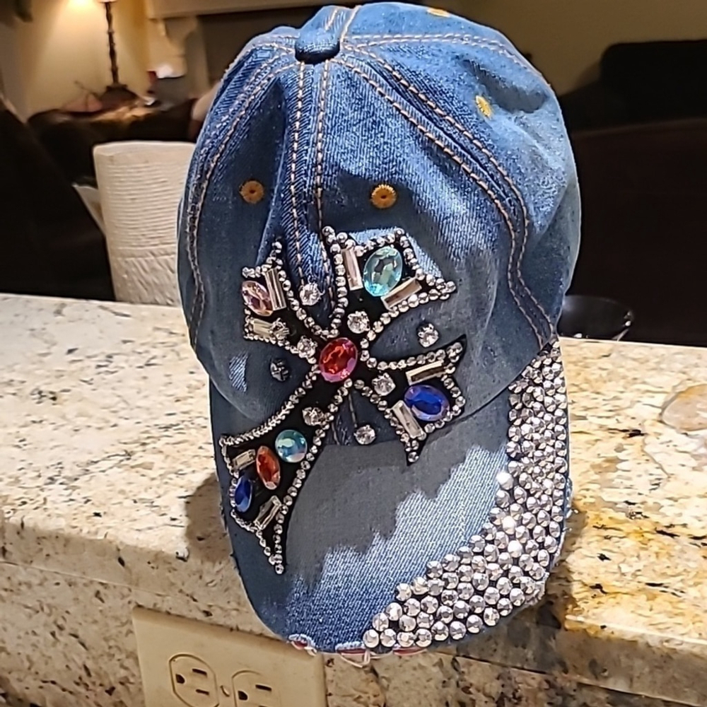 Denim and Rhinestone cap, beautiful cross decor and adjustable strap.(#365g)